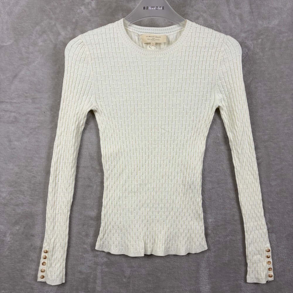 Sezane Dita Knit Sweater Cream Ribbed Pointelle Button Cuff S US 4 French Girl